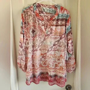 Croft & Barrow 2X Plus Top Stretch Loose Fit Multi Print Low V Cut Blouse Soft